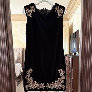 White House Black Market Black Dress velveteen look with Gold Embroidery
